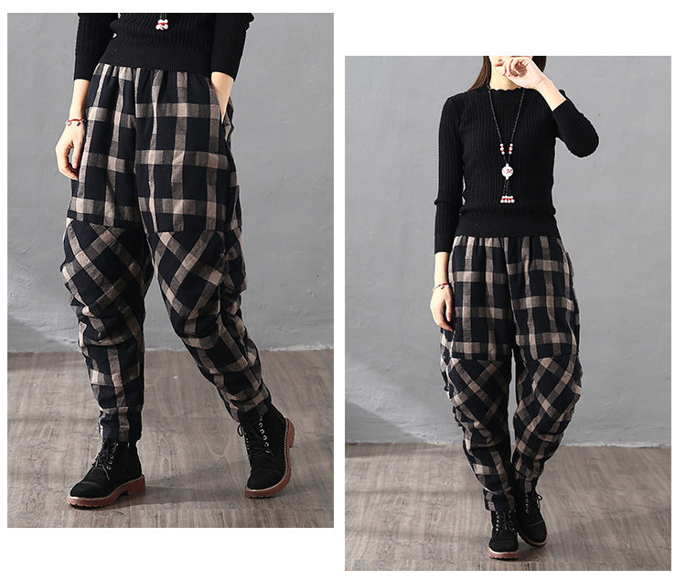Vintage Plaid Cotton-padded Trousers for Women