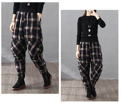 Vintage Plaid Cotton-padded Trousers for Women