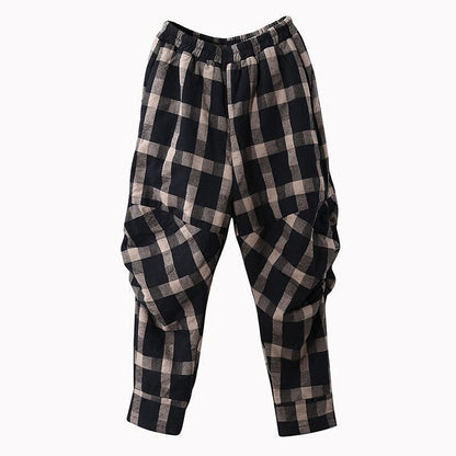 Vintage Plaid Cotton-padded Trousers for Women