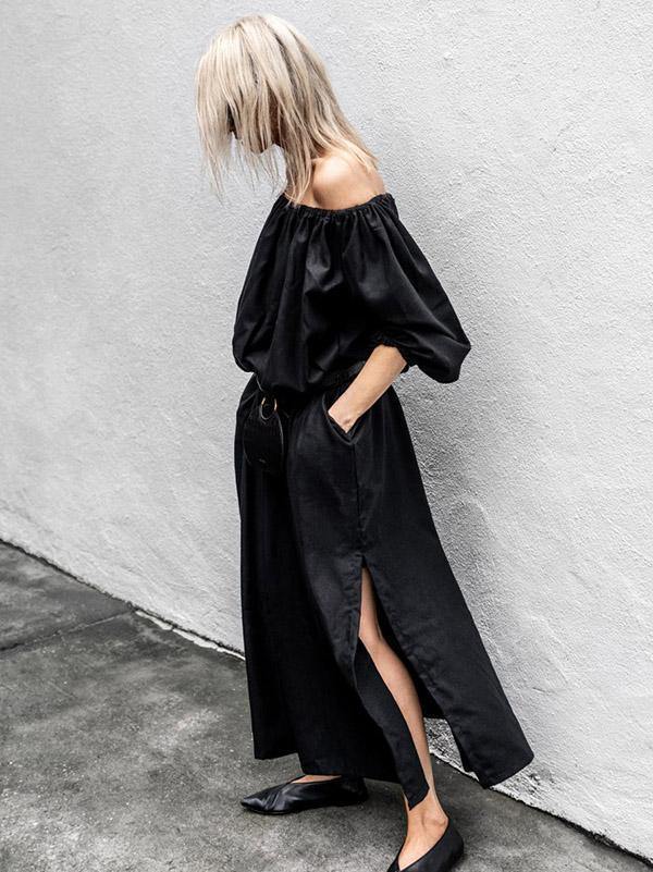 Black Off-Shoulder Loose Long Dress-STYLEGOING