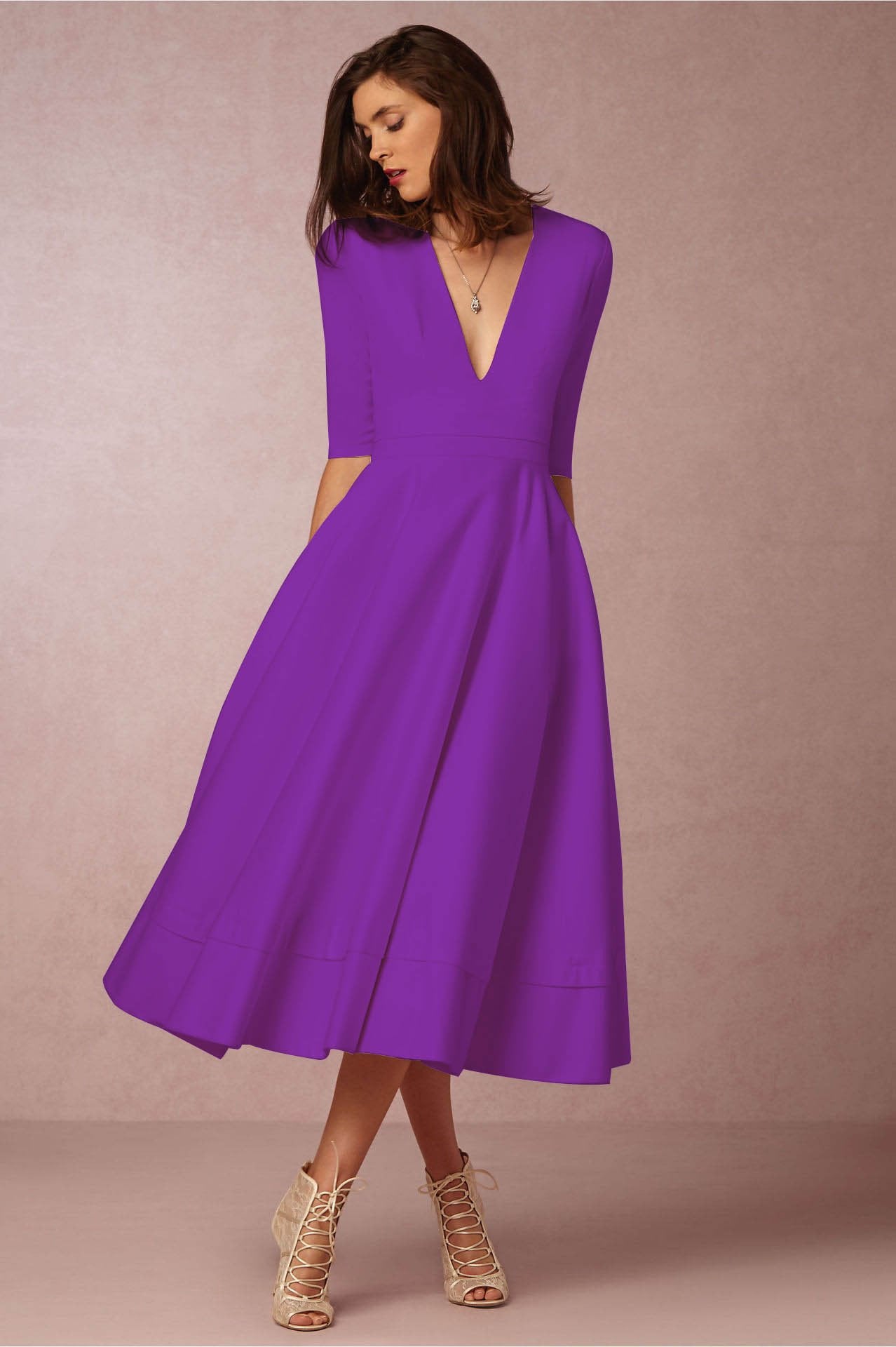 Sexy V Neck Half Sleeves Midi Dresses-STYLEGOING