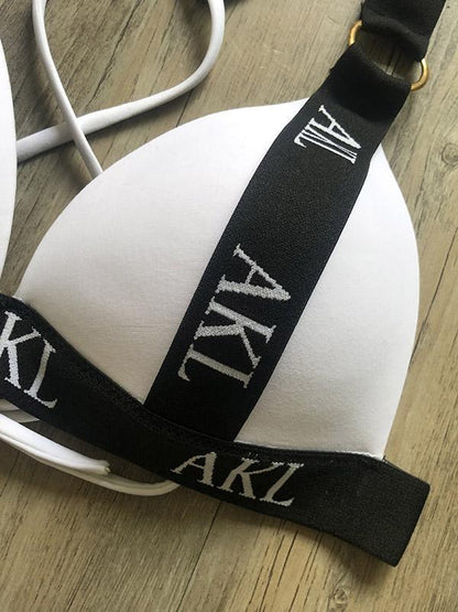 Letter Print Gathered Bikini Swimsuit-STYLEGOING