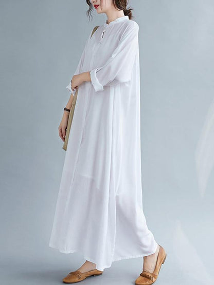lSolid Round-Neck Shirts Long Dress-STYLEGOING