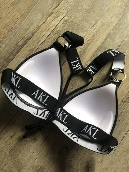 Letter Print Gathered Bikini Swimsuit-STYLEGOING
