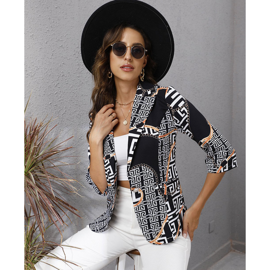 Women Floral Print Turnover Collar Fall Blazers-STYLEGOING