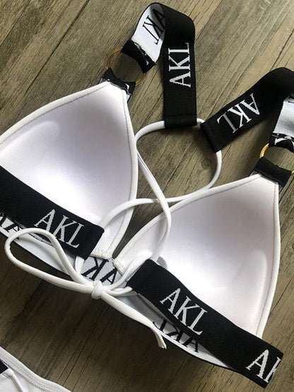Letter Print Gathered Bikini Swimsuit-STYLEGOING