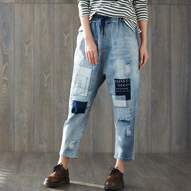 Casual Elastic Waist Cropped Jeans for Women