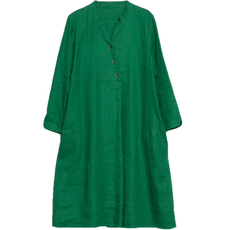 Vintage Linen Women V Neck Long Shirt Dresses