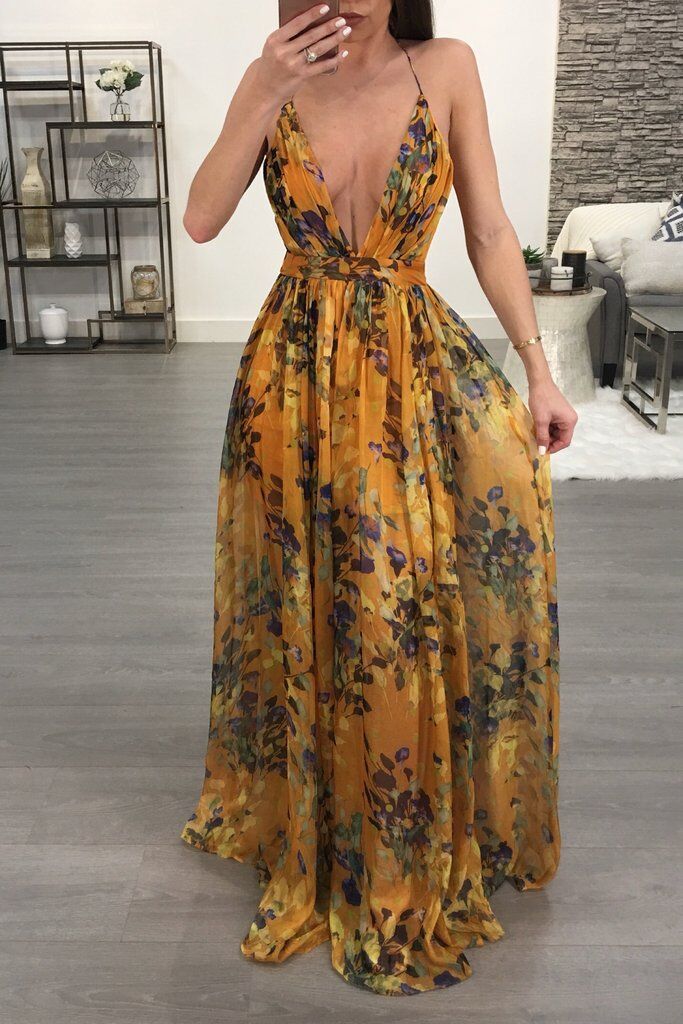 Summer Chiffon Deep V Neck Long Dresses