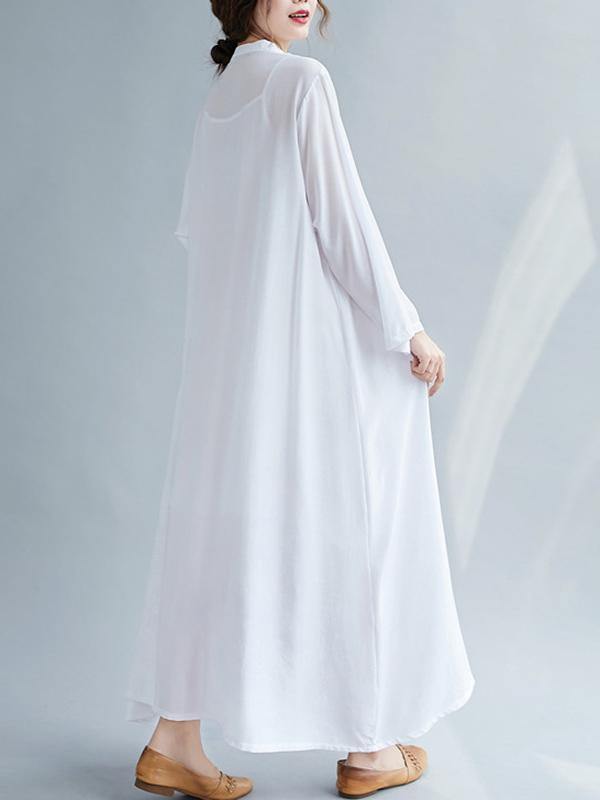 lSolid Round-Neck Shirts Long Dress-STYLEGOING