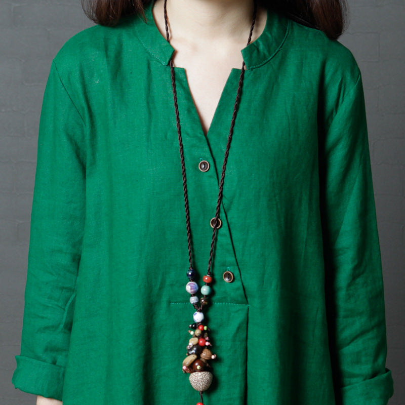 Vintage Linen Women V Neck Long Shirt Dresses