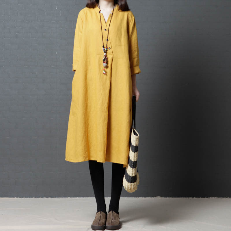 Vintage Linen Women V Neck Long Shirt Dresses