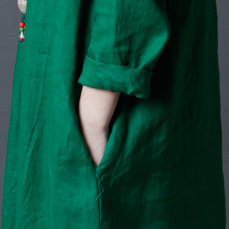 Vintage Linen Women V Neck Long Shirt Dresses
