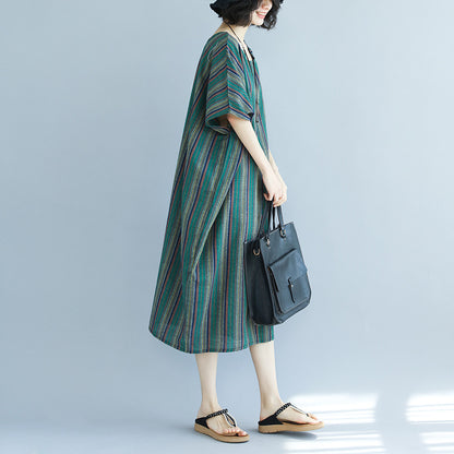 Vintage Green Linen Striped Asymmetrical Short Dresses