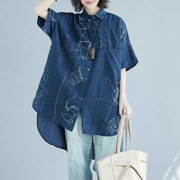 Casual Blue Plus Sizes Short Sleeves Shirts for Women