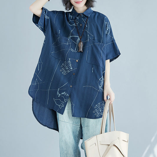Casual Blue Plus Sizes Short Sleeves Shirts for Women