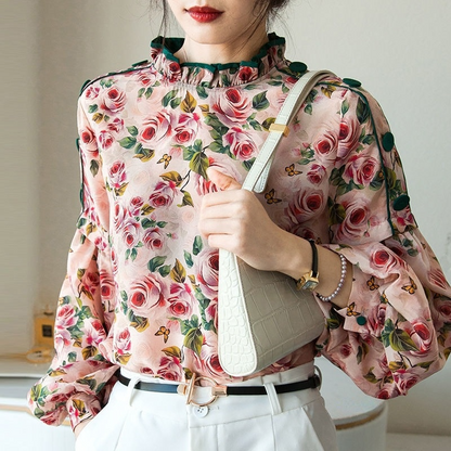 Elegant High Neck Pink Flowers Women Pullover Shirts