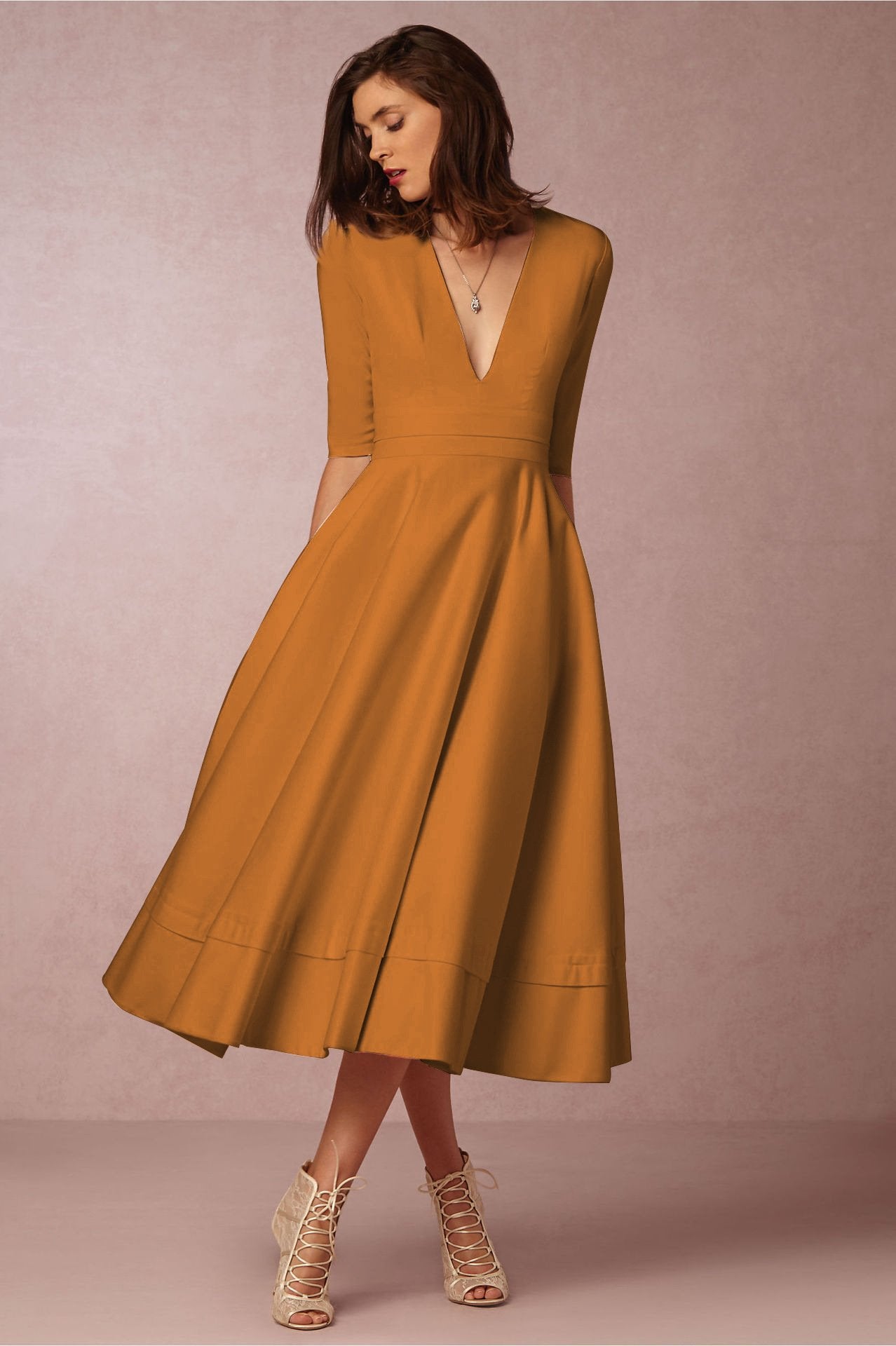 Sexy V Neck Half Sleeves Midi Dresses-STYLEGOING