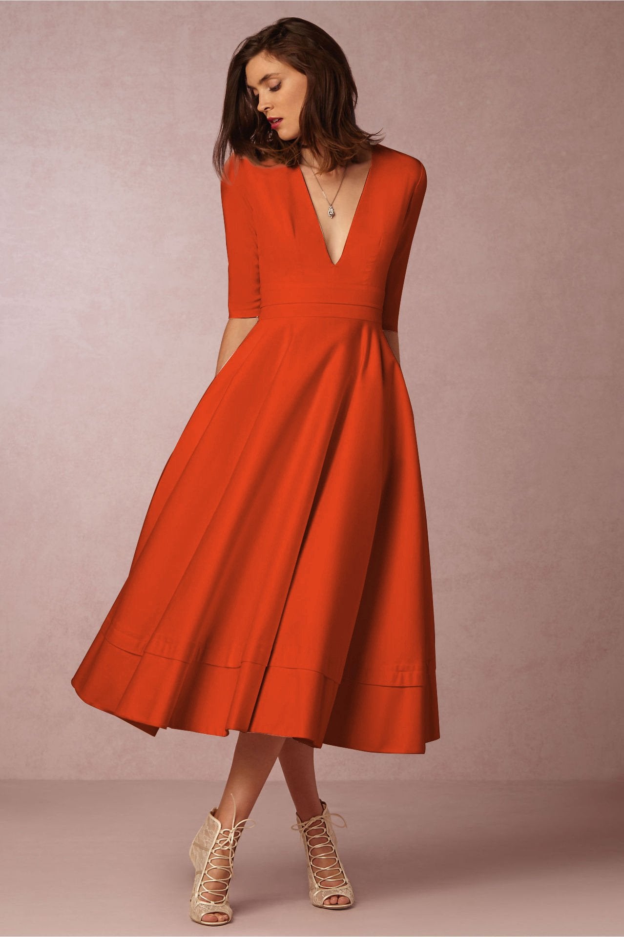 Sexy V Neck Half Sleeves Midi Dresses-STYLEGOING