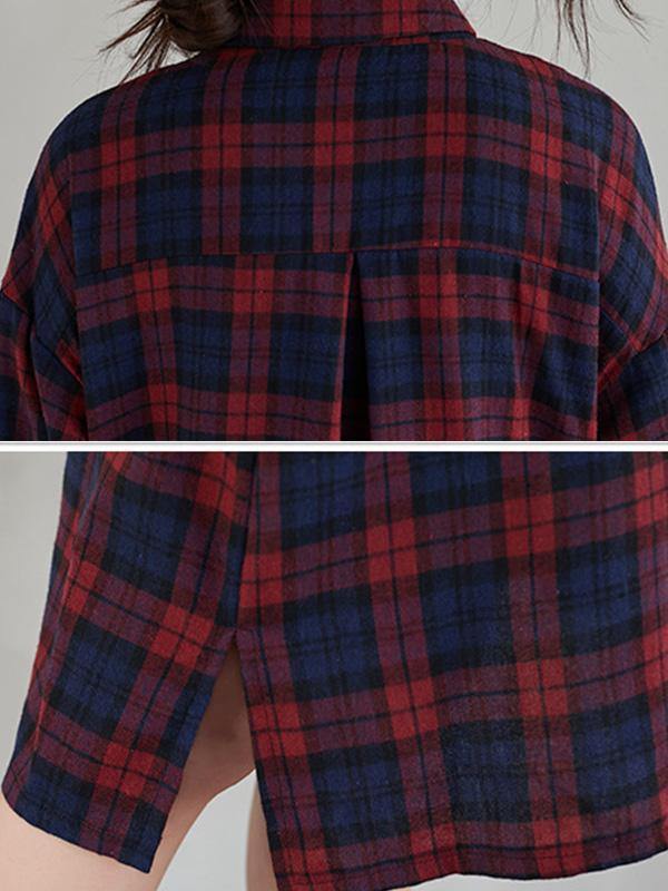 Original Plaid Lapel Shirt Dress-STYLEGOING