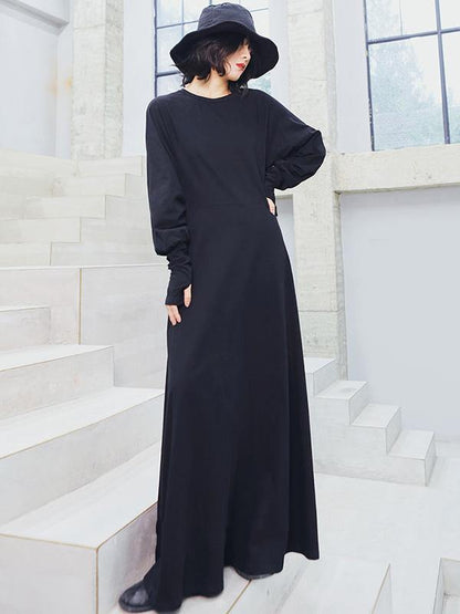 Vintage Solid Long Sleeve Dress-STYLEGOING