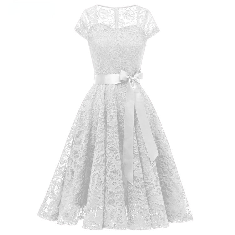 Elegant Short Sleeves Midi Lace Dresses
