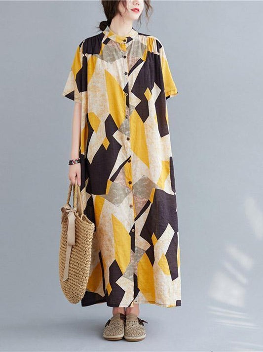 Printed Stand Collar Long Dress-STYLEGOING