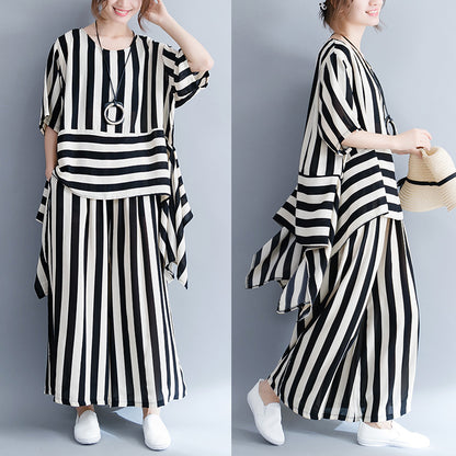 Casual Women Striped Irregular Tops & Pants Summer Outsuits