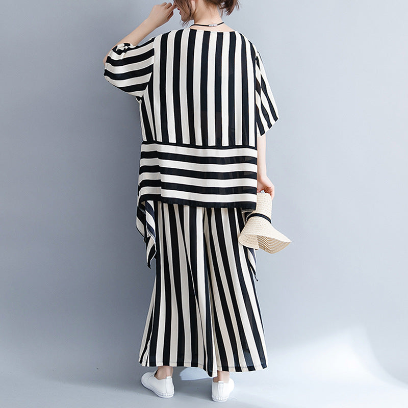 Casual Women Striped Irregular Tops & Pants Summer Outsuits