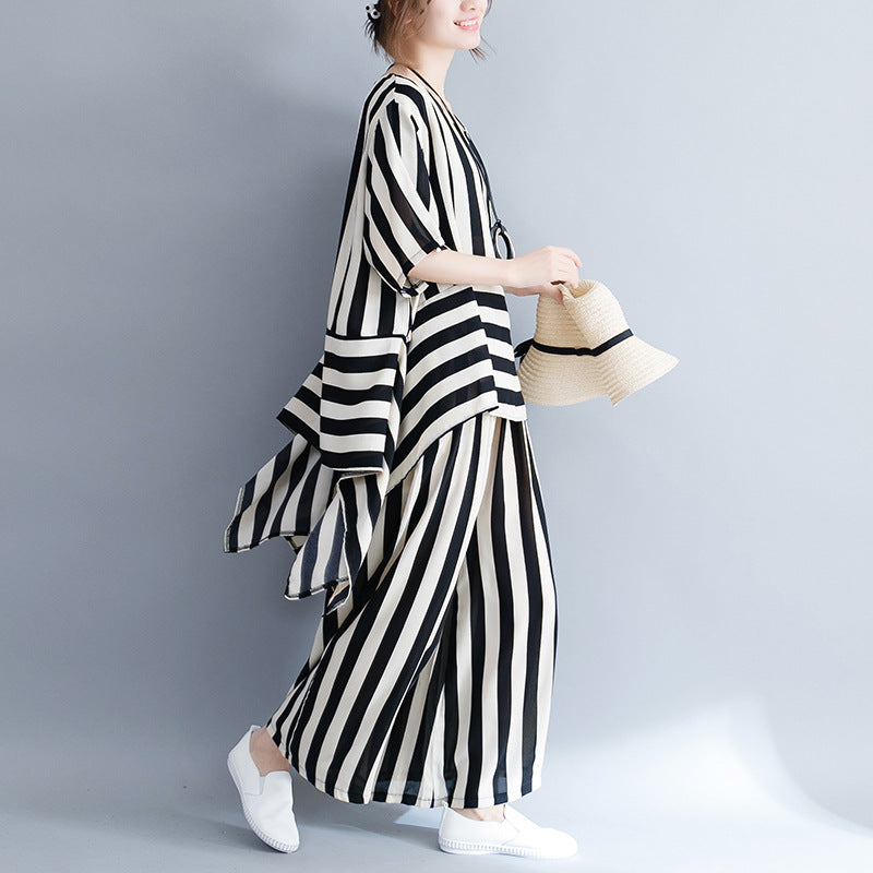 Casual Women Striped Irregular Tops & Pants Summer Outsuits