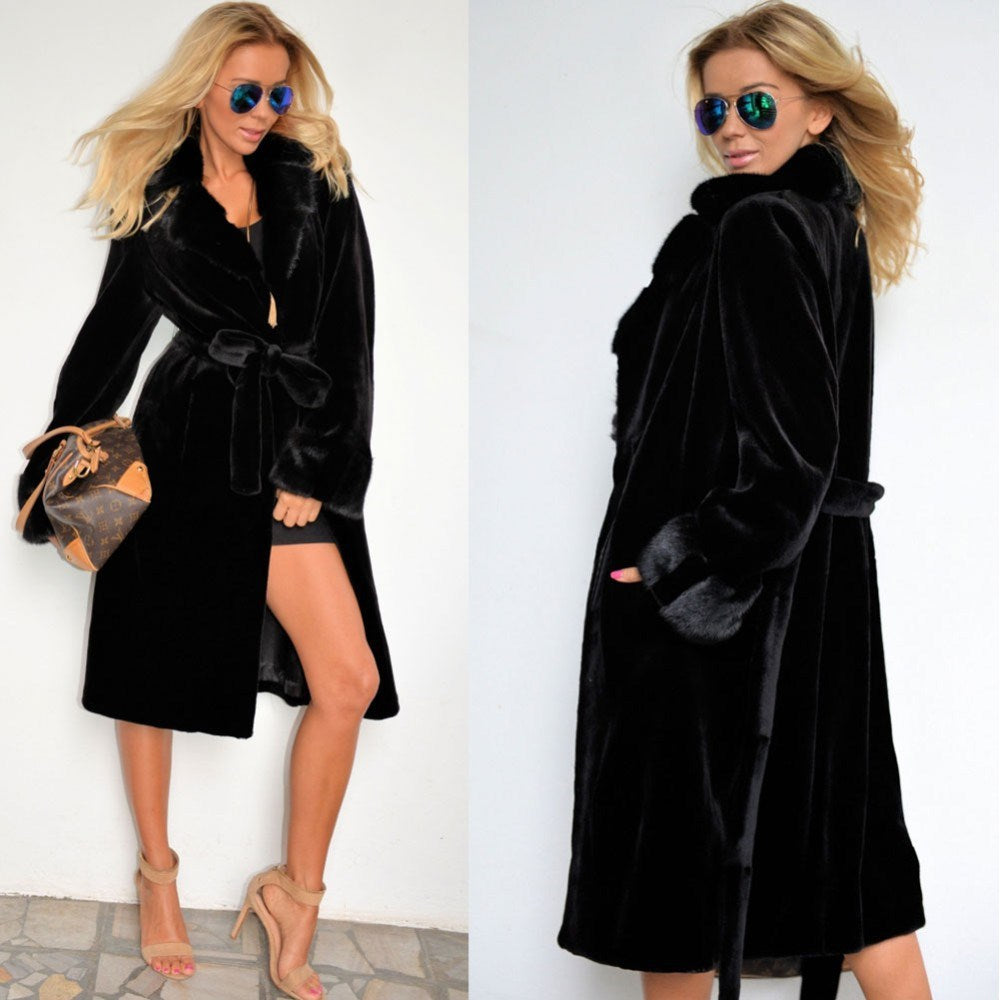 Black Artificial Fur Women Long Trenchcoats for Winter