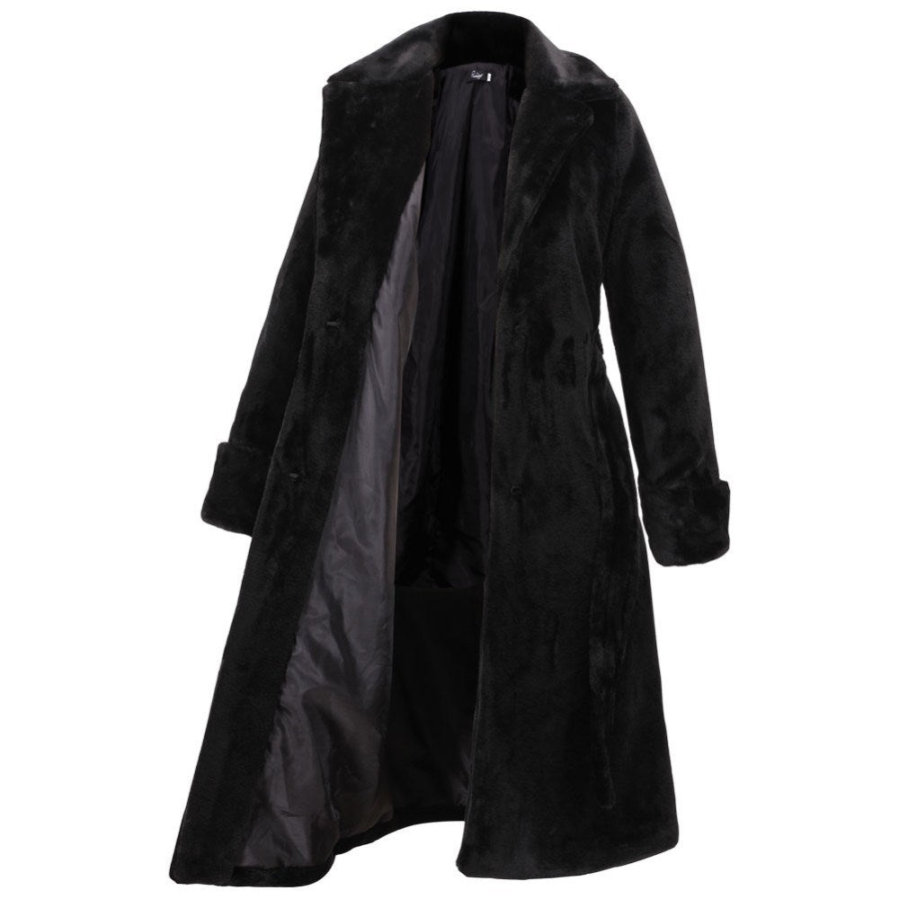 Black Artificial Fur Women Long Trenchcoats for Winter