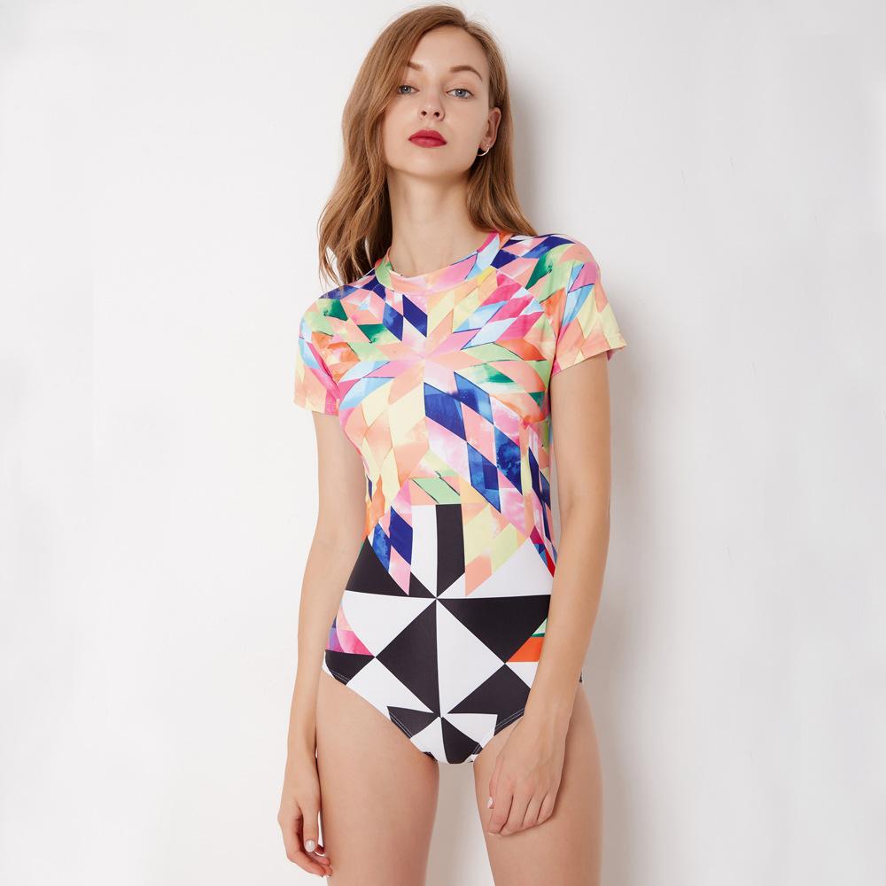 Women High Neck Short Sleeves Surf Swimsuit-STYLEGOING