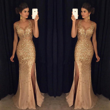 Women Sequin Split Front Sexy Long Evening Dresses-STYLEGOING