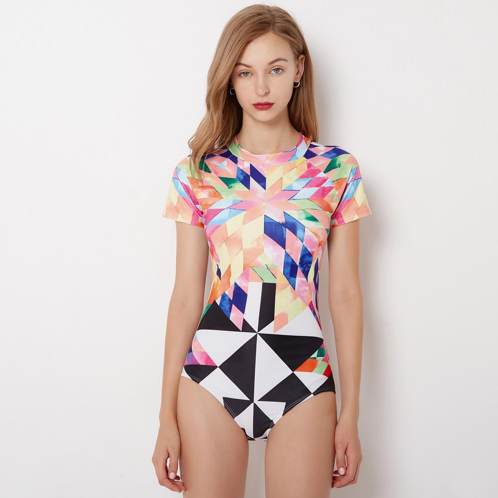 Women High Neck Short Sleeves Surf Swimsuit-STYLEGOING