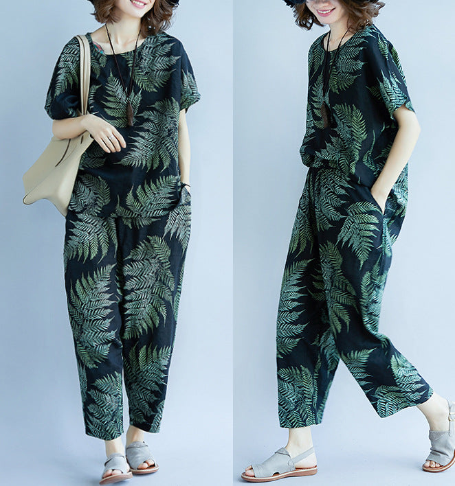 Summer Linen Short Sleeves T Shirts and Pants 2pcs/Set