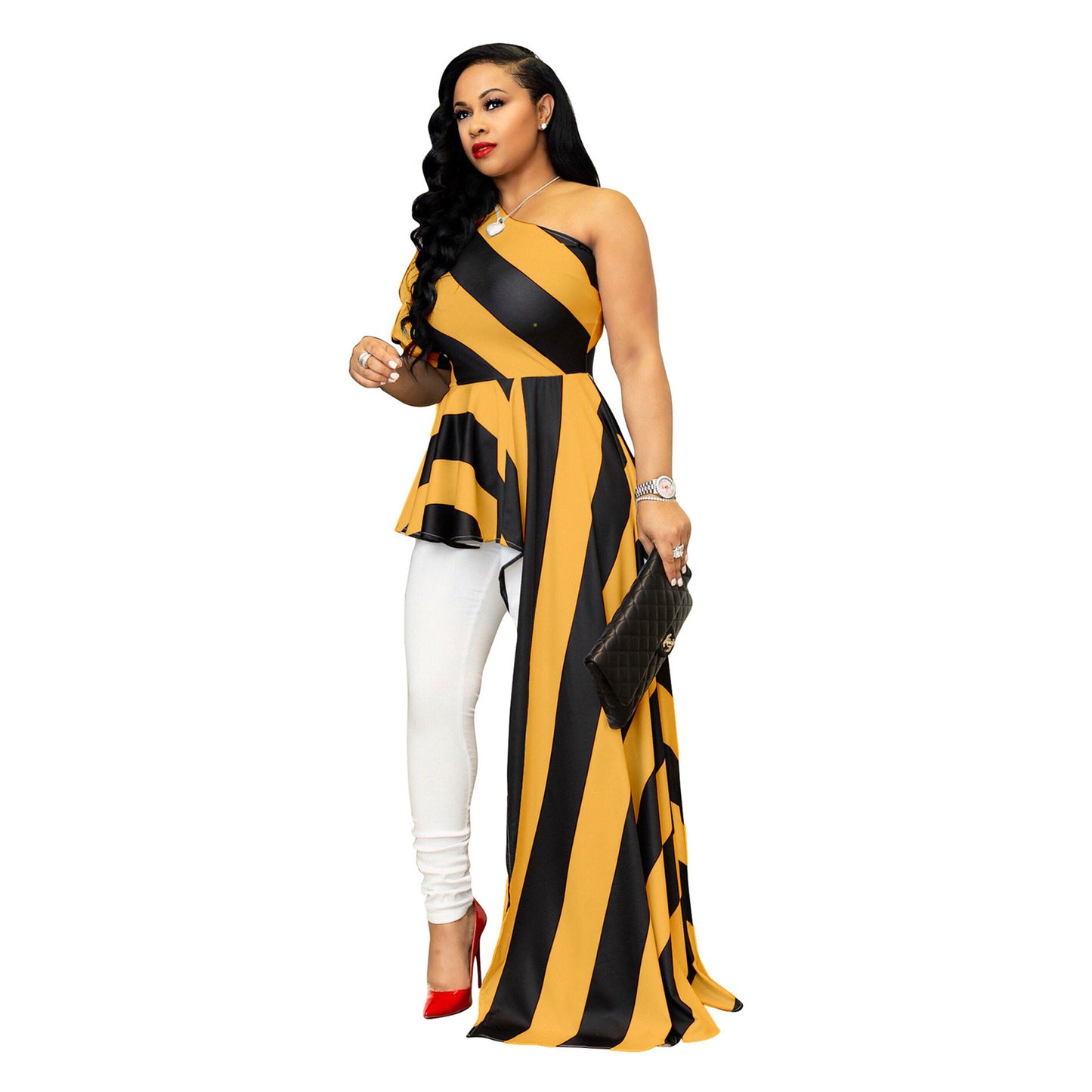 Sexy One Shoulder Striped Women Long Shirt Dresses