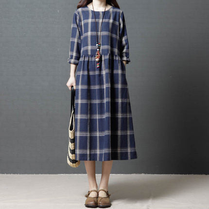 Vintage Linen Plaid Women Plus Sizes Long Dresses