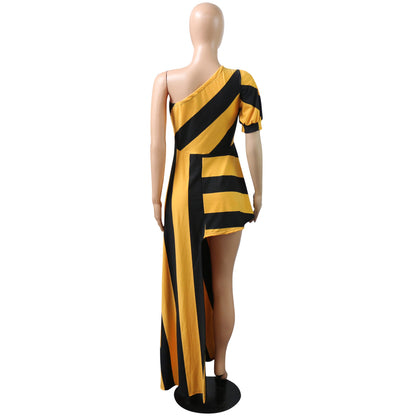 Sexy One Shoulder Striped Women Long Shirt Dresses