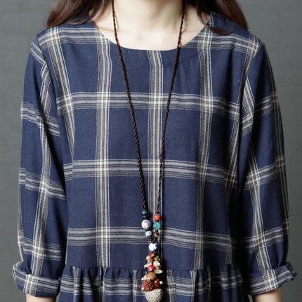 Vintage Linen Plaid Women Plus Sizes Long Dresses