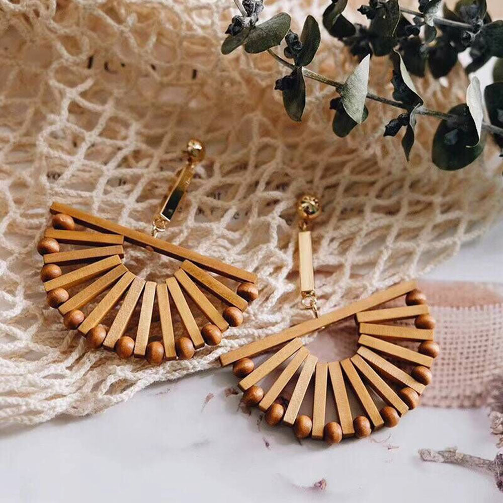 Vintage Fan Shaped Wooden Holiday Casual Earrings for Women