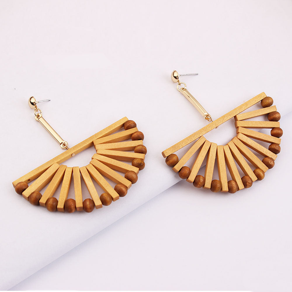 Vintage Fan Shaped Wooden Holiday Casual Earrings for Women