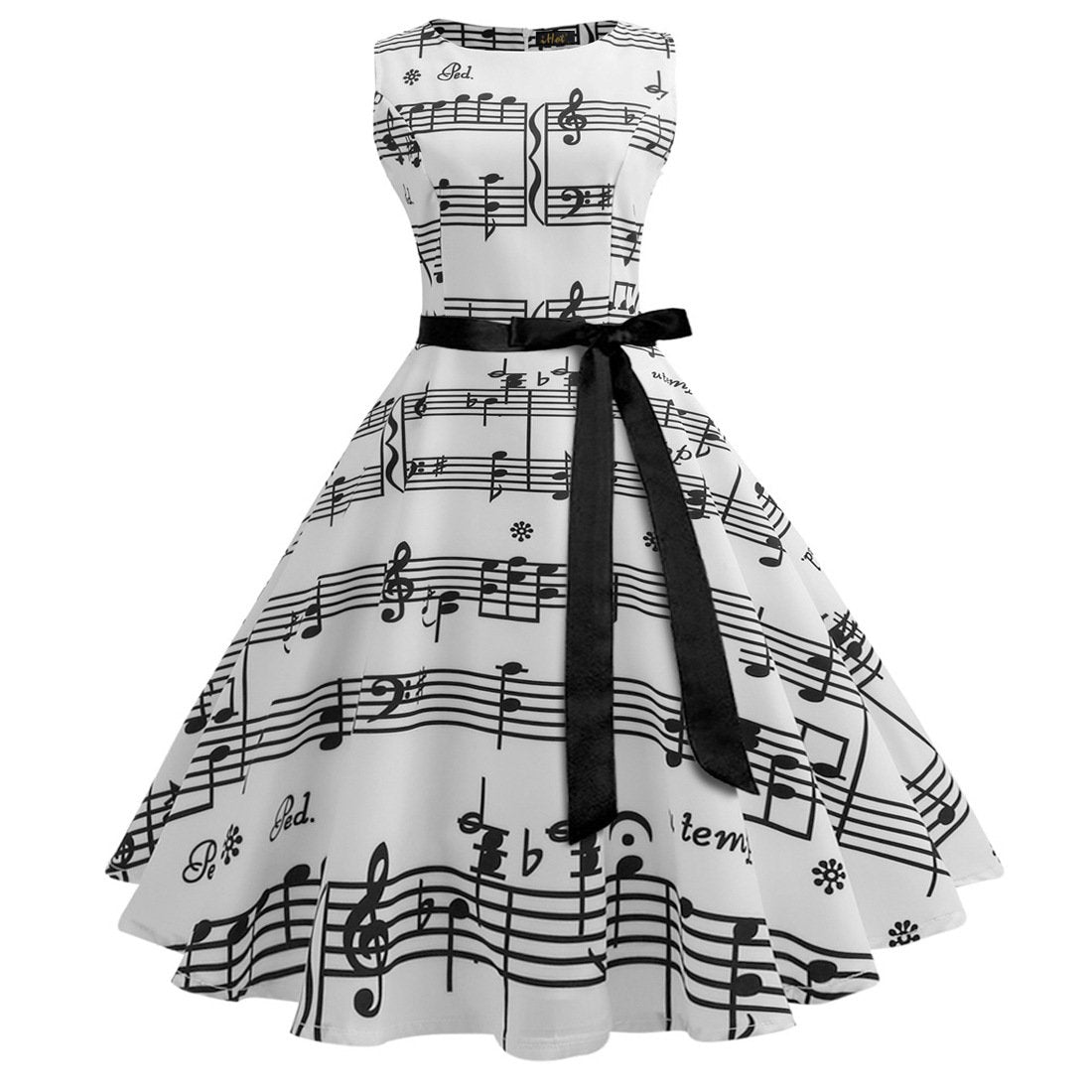 White Musical Not Print Sleeveless Vintage Dresses