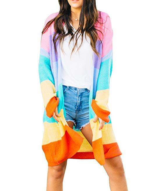 Women Rainbow Color Knitting Cardigan Sweaters