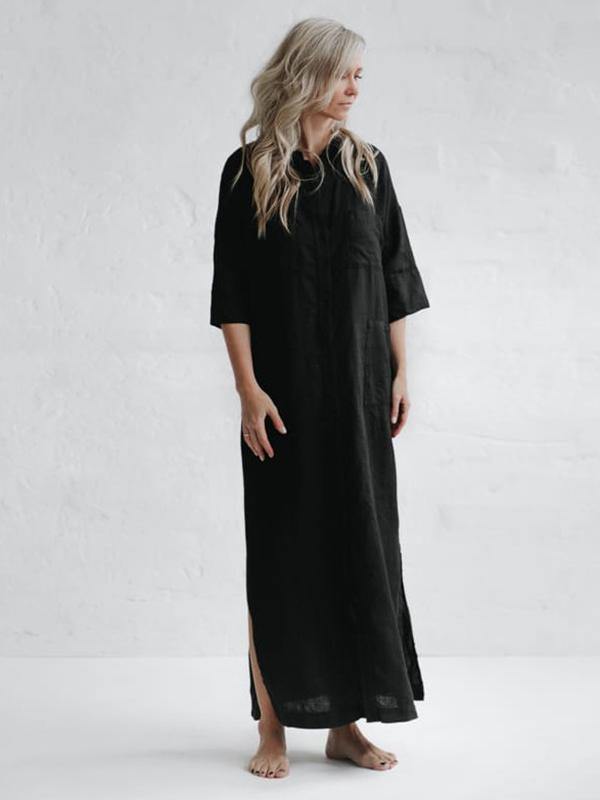 Simple Split-Side Lapel Long Shirt Dress-STYLEGOING