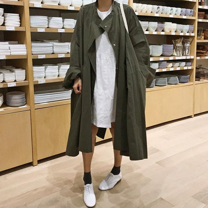Women Bat Sleeves Army Green Fall Tenchcoat-STYLEGOING