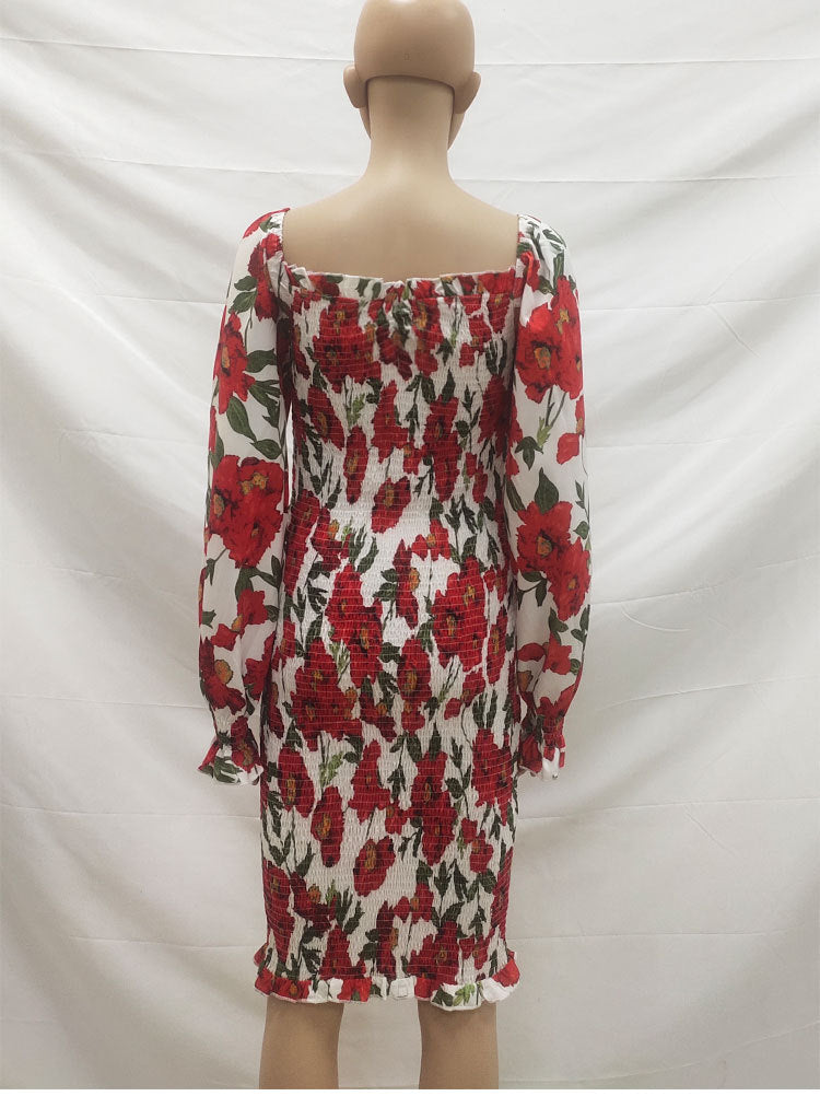 Sexy Red Flowers Long Sleeves Dresses