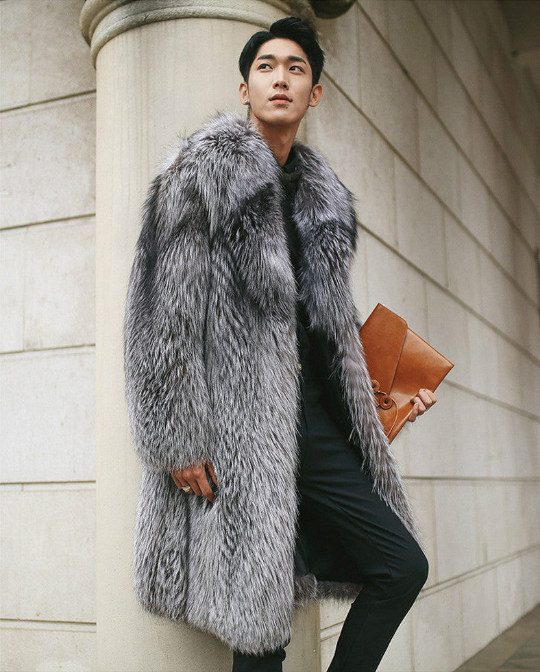 Luxury Artifical Fox Fur Plus Sizes Long Overcoat for Men