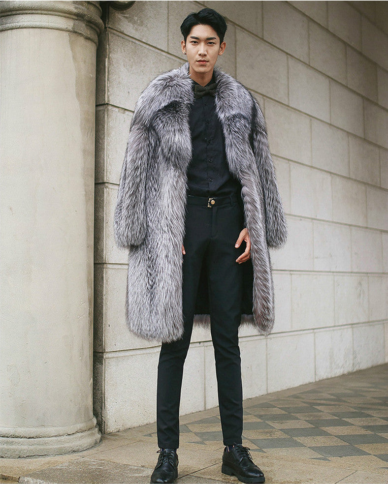 Luxury Artifical Fox Fur Plus Sizes Long Overcoat for Men