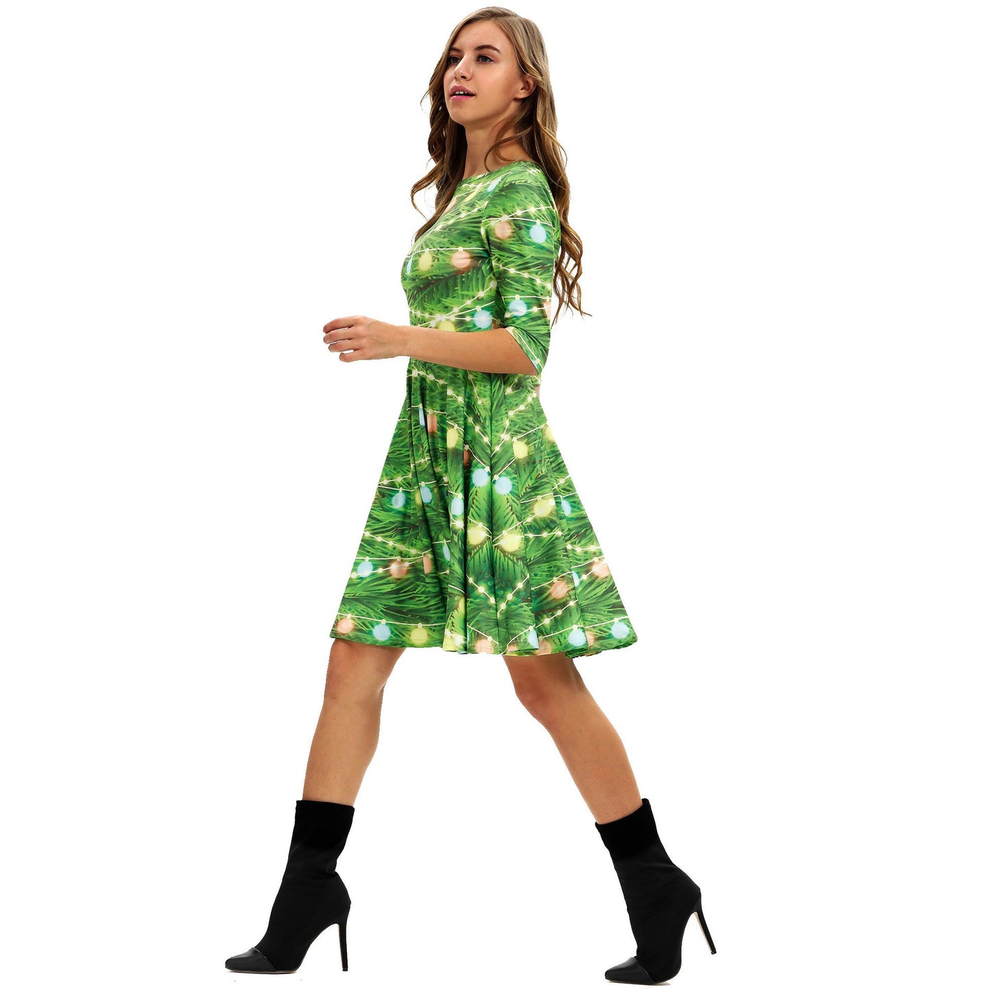 Merry Christmas Print Long Sleeves Fashion Dresses